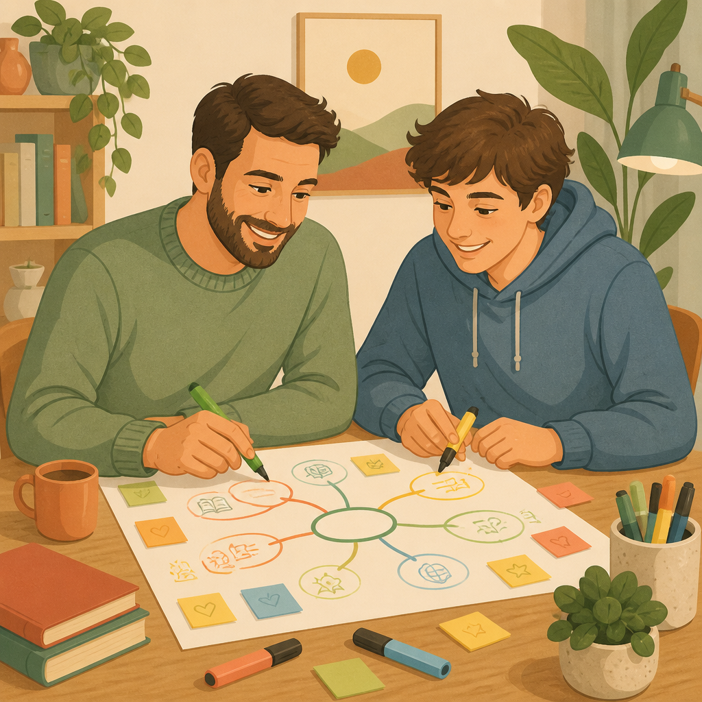 Illustrazione di un tutor e uno studente che lavorano insieme su mappe concettuali